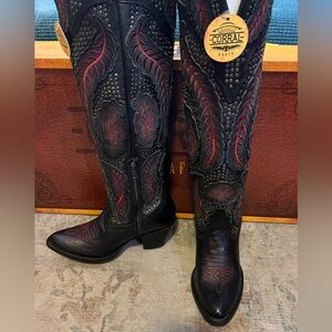 New in Box Corral Women's Black and Red Over the Knee Boots size 7.5
